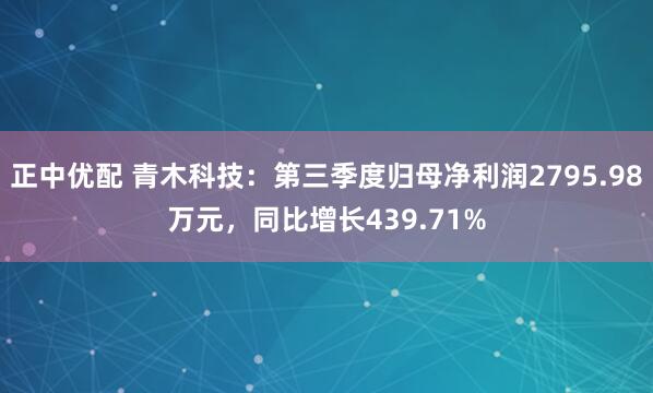 正中优配 青木科技：第三季度归母净利润2795.98万元，同比增长439.71%
