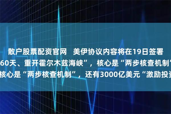 散户股票配资官网   美伊协议内容将在19日签署后公布，美方披露“停火60天、重开霍尔木兹海峡”，核心是“两步核查机制”，还有3000亿美元“激励投资”